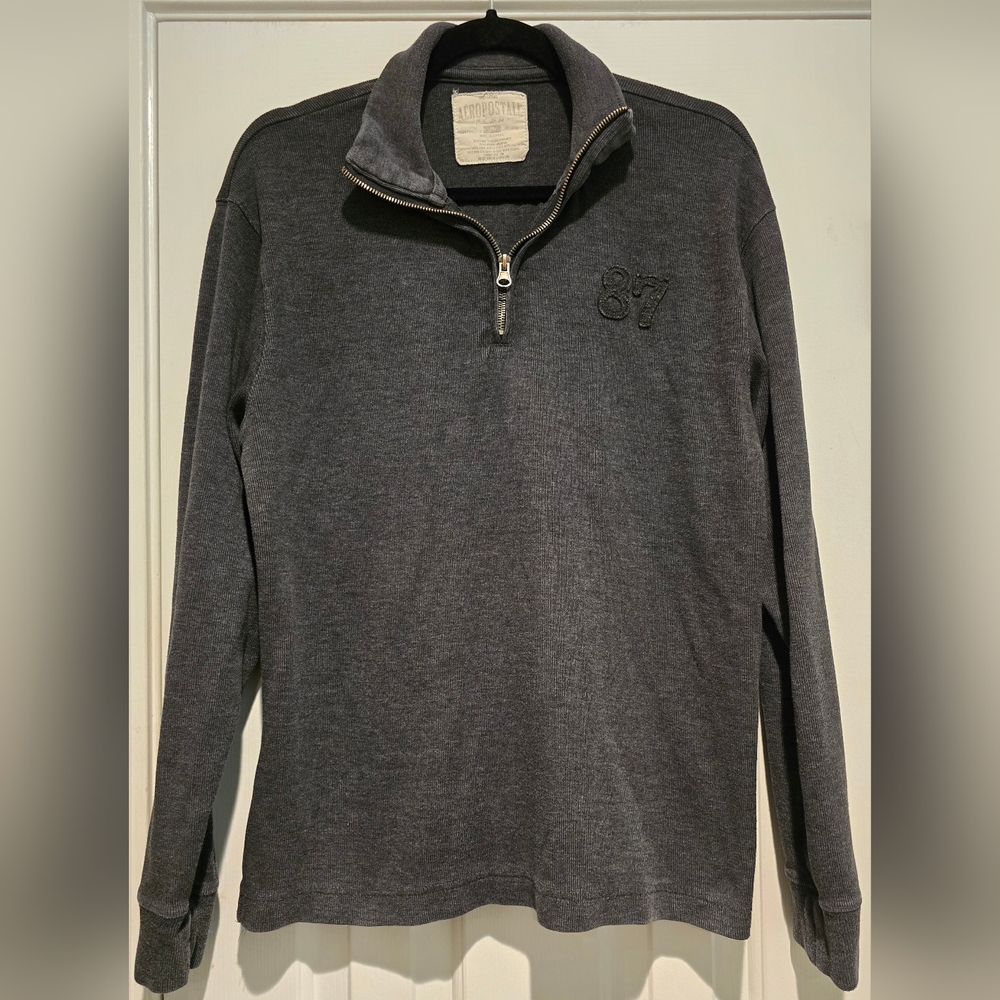 Vintage Men's Aeropostale Authentic Fit 1/4 Zip Ribbed Pullover Grey Size Medium